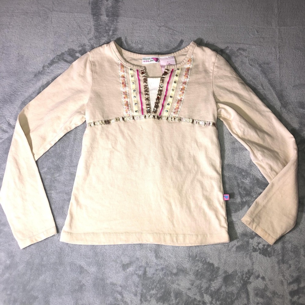 Mudd Girls Top Shirt Size 7/8 Beige Long Sleeve Embellished Babydoll TieBack y2K